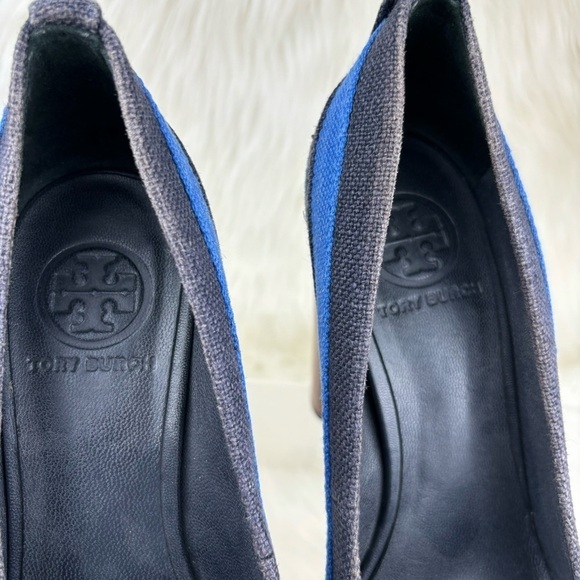 TORY BURCH JOELLE BLUE STRIPE WOOD PLATFORMS PUMPS - Picture 8 of 14